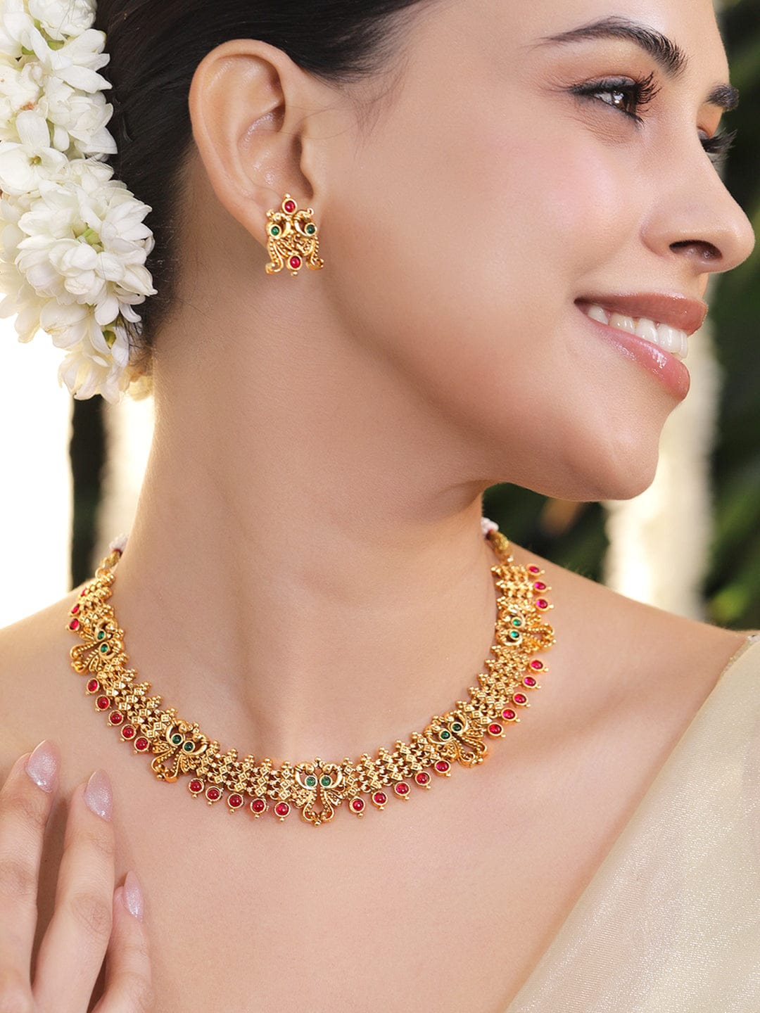 Rubans 22K Gold-Plated Brass Traditional Necklace Set with Ruby Red & Emerald Green Stones Jewellery Set