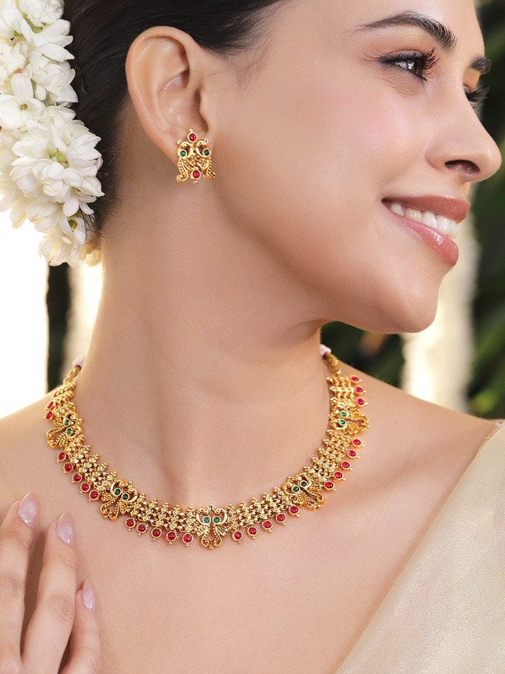 Rubans 22K Gold-Plated Brass Traditional Necklace Set with Ruby Red & Emerald Green Stones Jewellery Set