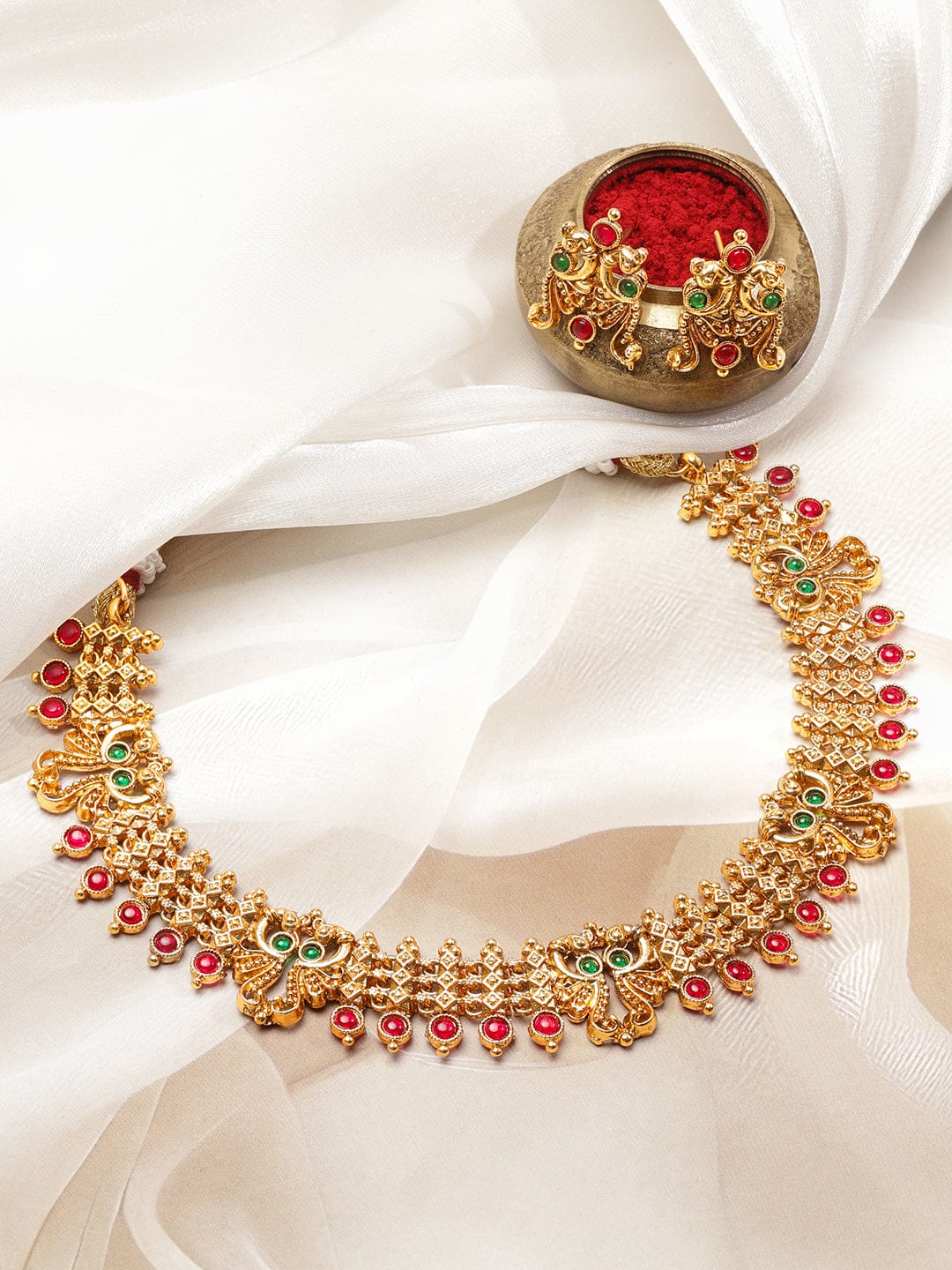 Rubans 22K Gold-Plated Brass Traditional Necklace Set with Ruby Red & Emerald Green Stones Jewellery Set