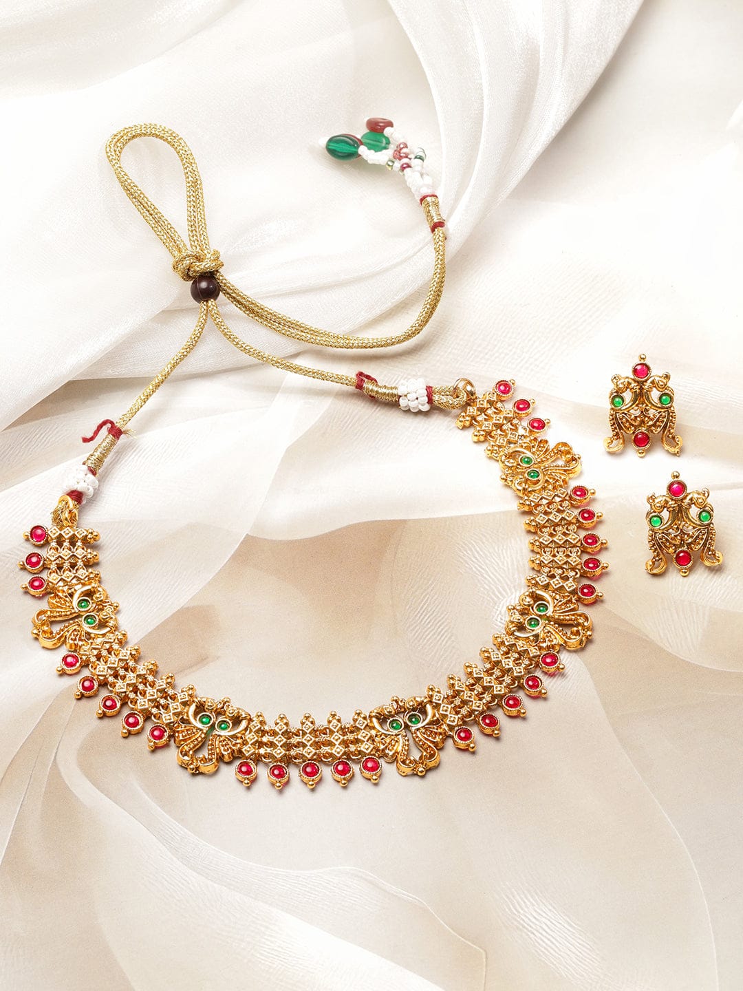 Rubans 22K Gold-Plated Brass Traditional Necklace Set with Ruby Red & Emerald Green Stones Jewellery Set