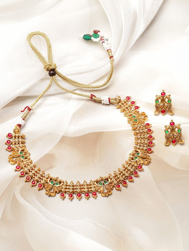 Rubans 22K Gold-Plated Brass Traditional Necklace Set with Ruby Red & Emerald Green Stones Jewellery Set