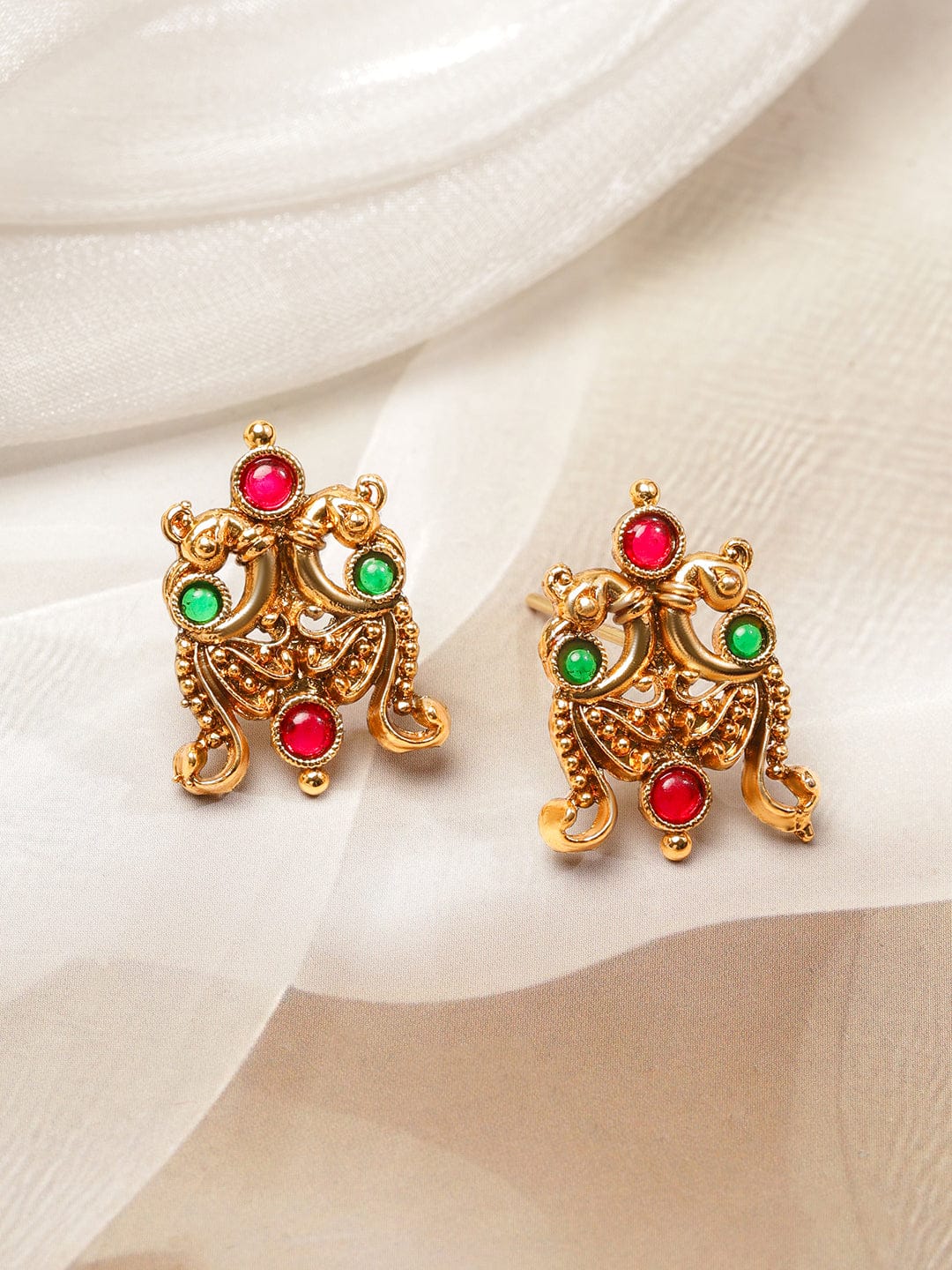 Rubans 22K Gold-Plated Brass Traditional Necklace Set with Ruby Red & Emerald Green Stones Jewellery Set