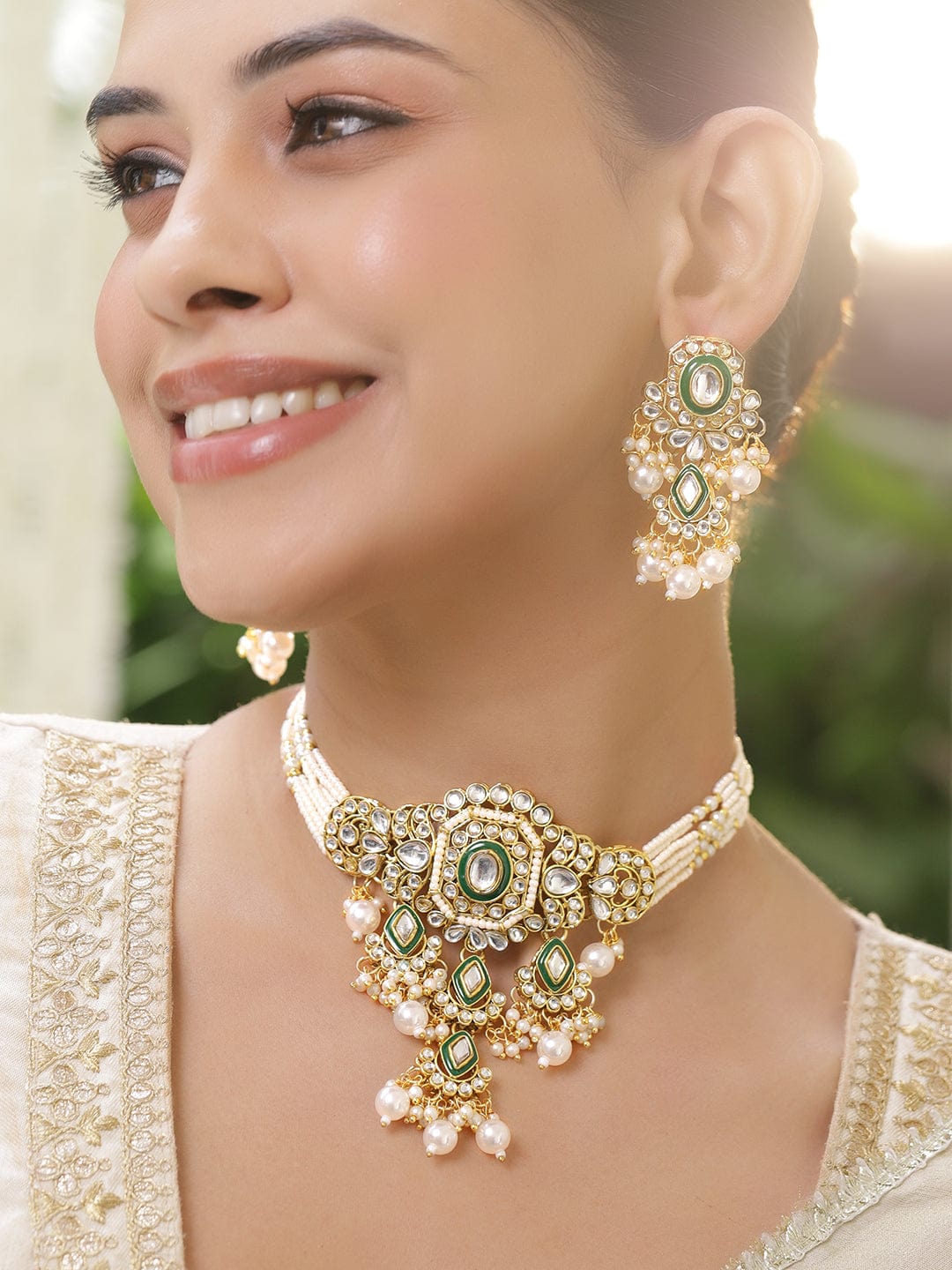 Rubans 22K Gold-Plated Brass White Kundan Choker Necklace Set with Green Enamel Detailing, Pearl Beads Necklace Sets