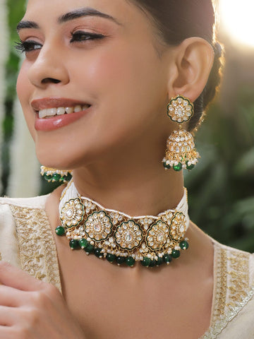 Rubans 22K Gold-Plated Brass White Kundan, Cubic Zirconia & Emerald Green Beaded Pearl Choker Necklace Set Necklace Sets