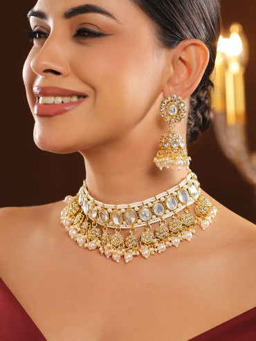 Rubans 22K Gold-Plated Brass White Kundan, Cubic Zirconia & Glossy White Pearl Beaded Choker Necklace Set Necklace Sets
