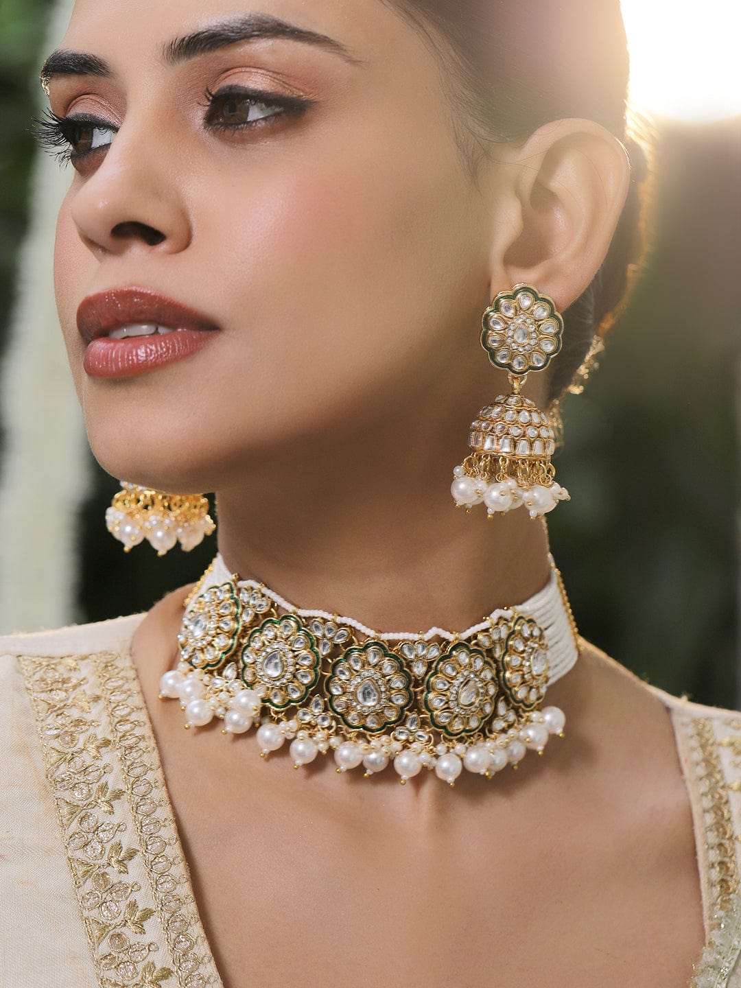 Rubans 22K Gold-Plated Brass White Kundan, Cubic Zirconia & Pearl Beaded Floral Choker Necklace Set Necklace Sets