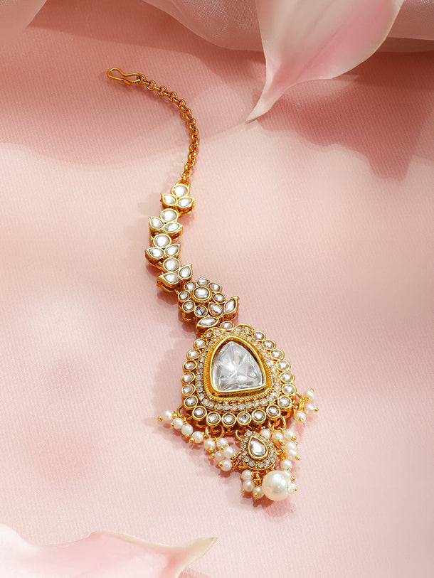 Rubans 22K Gold-Plated Brass White Kundan & Cubic Zirconia Pearl Strand Bridal Necklace Set Jewellery Set