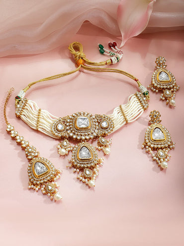 Rubans 22K Gold-Plated Brass White Kundan & Cubic Zirconia Pearl Strand Bridal Necklace Set Jewellery Set