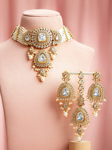 Rubans 22K Gold-Plated Brass White Kundan & Cubic Zirconia Pearl Strand Bridal Necklace Set Jewellery Set