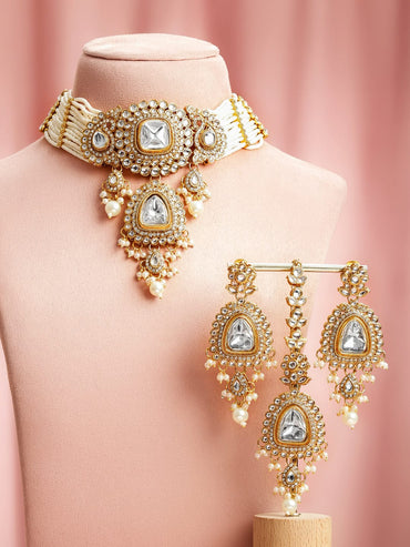 Rubans 22K Gold-Plated Brass White Kundan & Cubic Zirconia Pearl Strand Bridal Necklace Set Jewellery Set