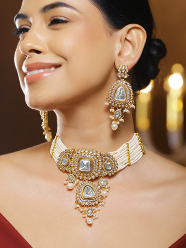 Rubans 22K Gold-Plated Brass White Kundan & Cubic Zirconia Pearl Strand Bridal Necklace Set Jewellery Set