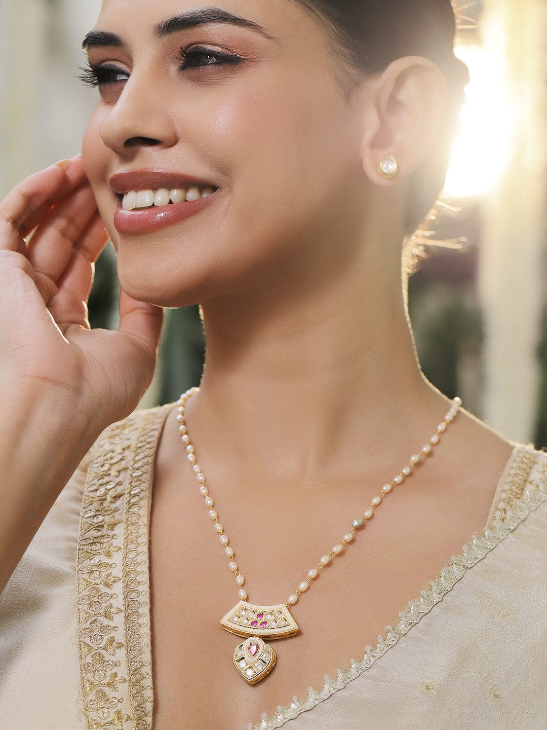 Rubans 22K Gold-Plated Brass White Kundan & Ruby Pink Stone Pendant Necklace Set with Pearl String Necklaces, Necklace Sets, Chains & Mangalsutra