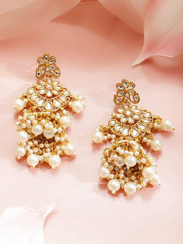 Rubans 22K Gold-Plated Brass White Kundan Studded Pearl Beads Necklace Set with Earrings Jewellery Set