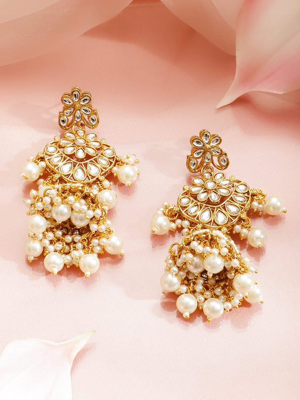 Rubans 22K Gold-Plated Brass White Kundan Studded Pearl Beads Necklace Set with Earrings Jewellery Set