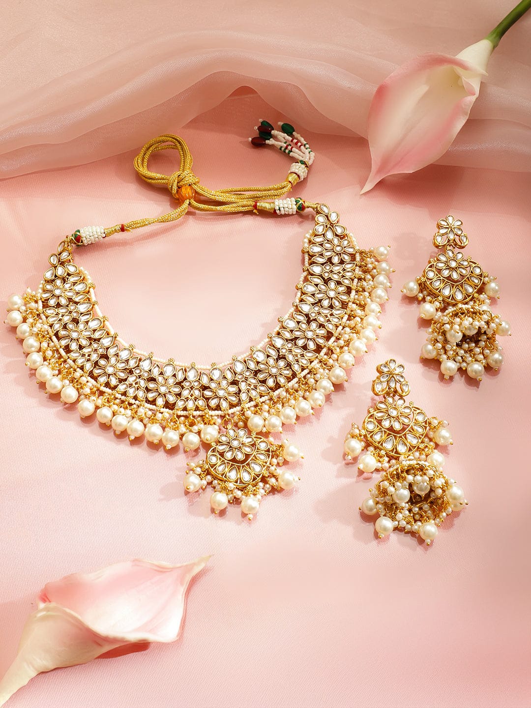Rubans 22K Gold-Plated Brass White Kundan Studded Pearl Beads Necklace Set with Earrings Jewellery Set