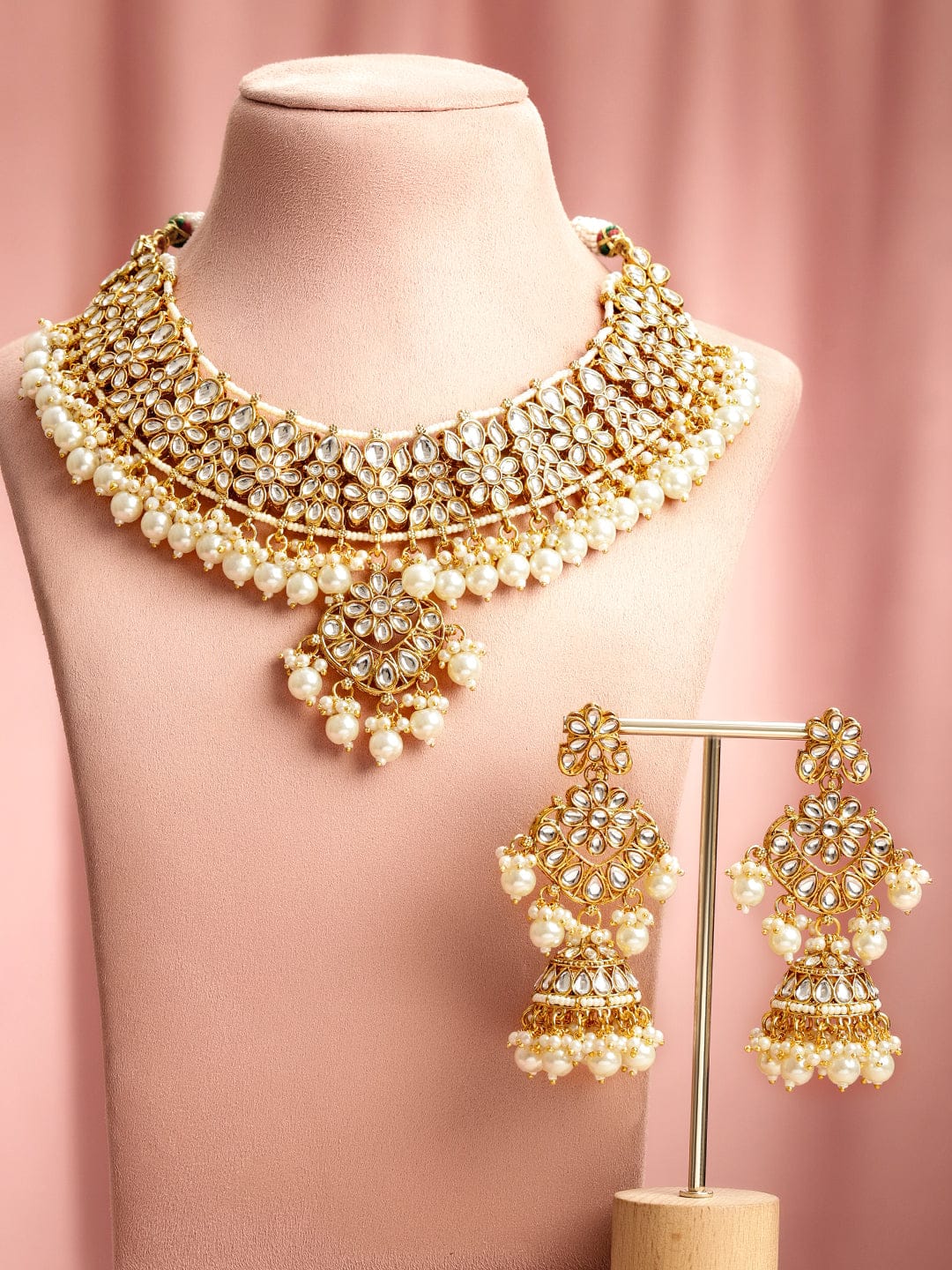 Rubans 22K Gold-Plated Brass White Kundan Studded Pearl Beads Necklace Set with Earrings Jewellery Set