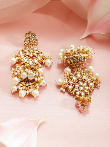 Rubans 22K Gold-Plated Brass White Kundan Studded Pearl Beads Necklace Set with Earrings Jewellery Set