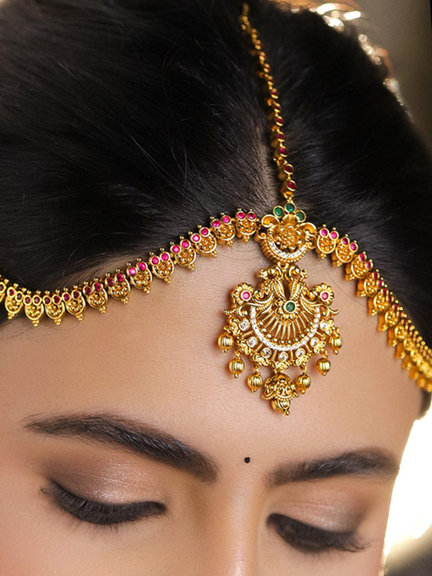 Rubans 22K Gold-Plated Bridal Matha Patti with Ruby Red & Emerald Green Cubic Zirconia Stones Head Jewellery