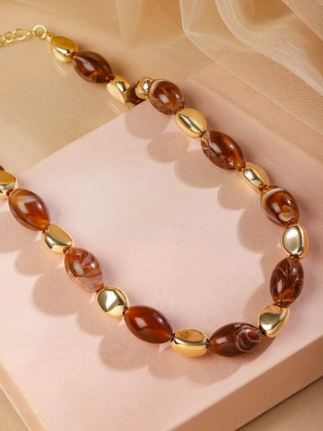 Rubans 22K Gold Plated Brown & Honey Beaded Necklace with Luxe Crystal Embellished Necklace and Chains