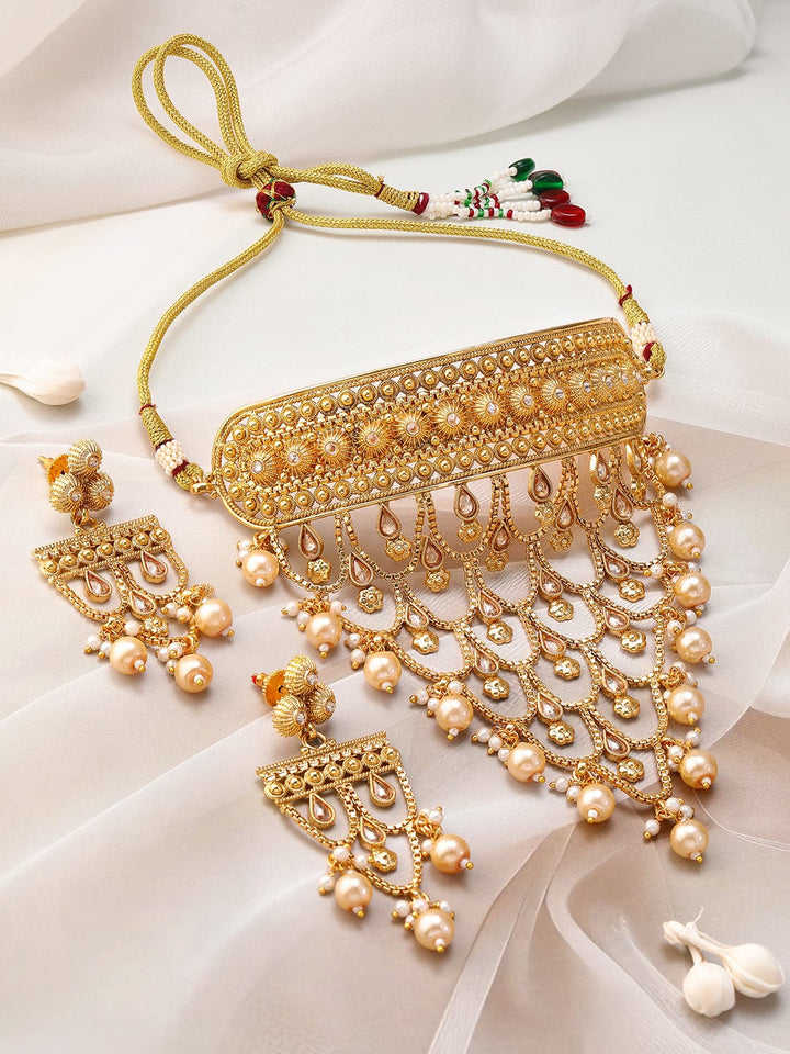 Rubans 22K Gold-Plated Choker Necklace Set With Pearls & Intricate Layered Design Jewellery Set