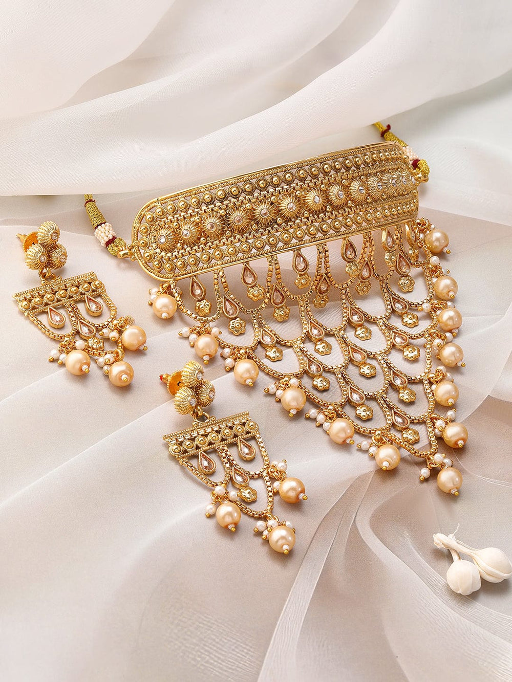 Rubans 22K Gold-Plated Choker Necklace Set With Pearls & Intricate Layered Design Jewellery Set