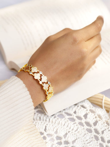 Rubans 22K Gold-Plated Clover Design Demi-Fine Bracelet with White Cubic Zirconia Bangles & Bracelets