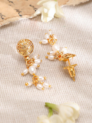 Rubans 22K Gold-Plated Coin Motif Necklace with White Beaded Pearl Dangling Jewellery Set