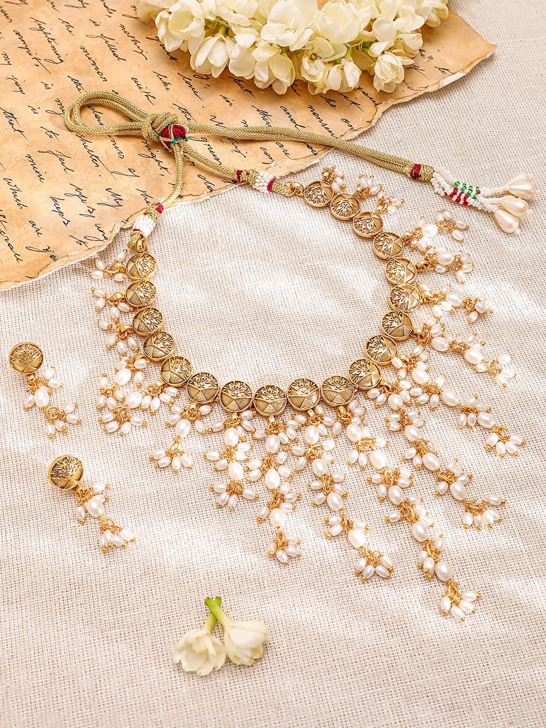 Rubans 22K Gold-Plated Coin Motif Necklace with White Beaded Pearl Dangling Necklace Set