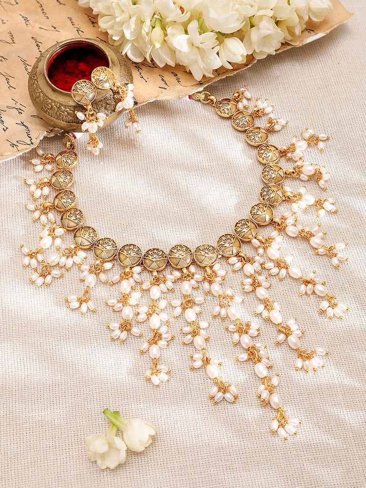 Rubans 22K Gold-Plated Coin Motif Necklace with White Beaded Pearl Dangling Necklace Set