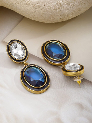 Rubans 22K Gold-Plated Crystal Blue Sapphire & White Cubic Zirconia Stone Oval Drop Earrings Earrings