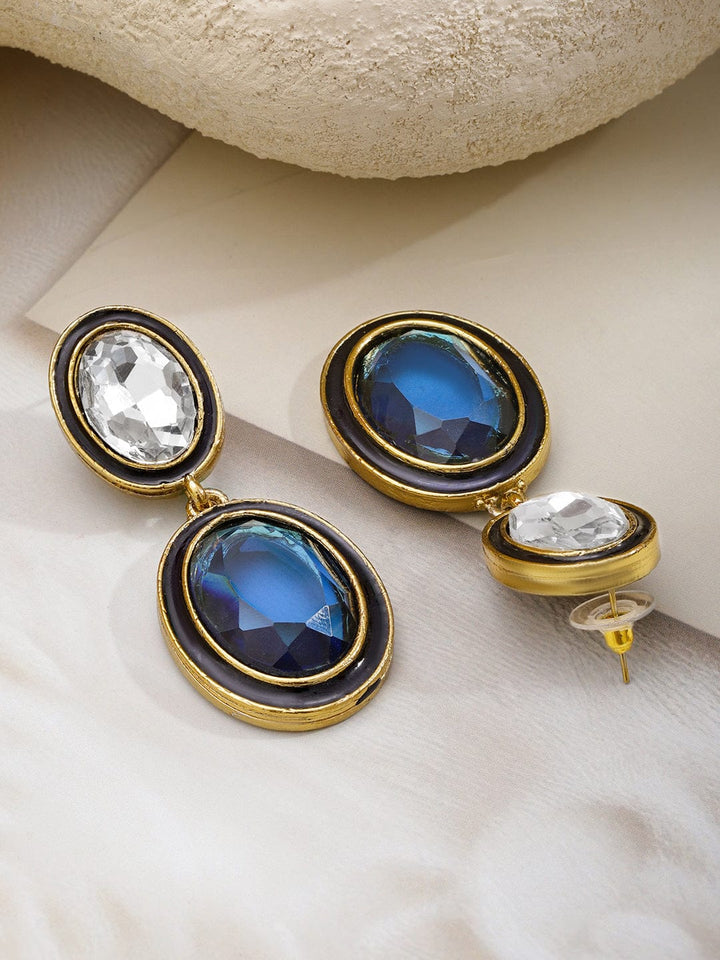 Rubans 22K Gold-Plated Crystal Blue Sapphire & White Cubic Zirconia Stone Oval Drop Earrings Earrings