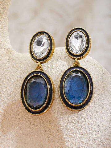Rubans 22K Gold-Plated Crystal Blue Sapphire & White Cubic Zirconia Stone Oval Drop Earrings Earrings