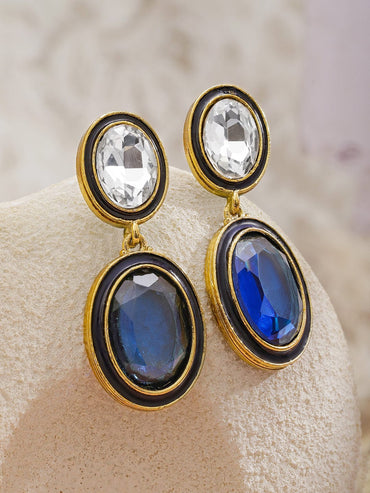 Rubans 22K Gold-Plated Crystal Blue Sapphire & White Cubic Zirconia Stone Oval Drop Earrings Earrings