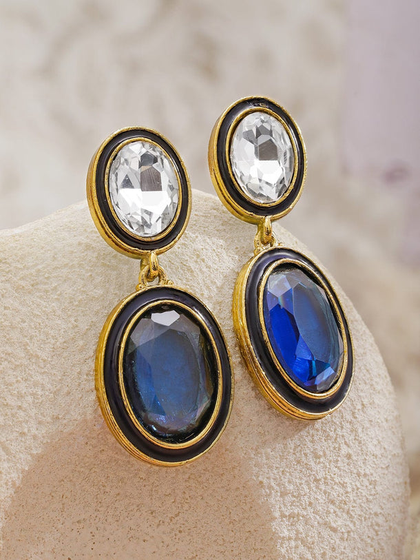 Rubans 22K Gold-Plated Crystal Blue Sapphire & White Cubic Zirconia Stone Oval Drop Earrings Earrings
