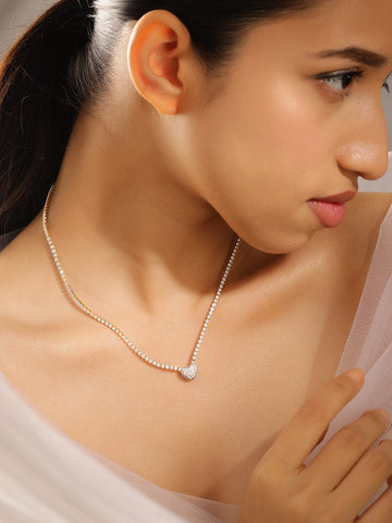 Rubans 22K Gold Plated Crystal Cubic Zirconia Luxe Tennis Necklace with Pav? Heart Pendant Necklace and Chains