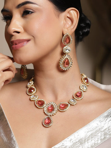 Rubans 22K Gold-Plated Crystal Rose Pink & Cubic Zirconia Studded Statement Necklace Set (Copy) Jewellery Set