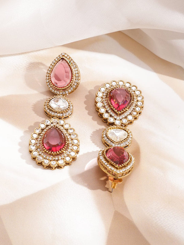 Rubans 22K Gold-Plated Crystal Rose Pink & Cubic Zirconia Studded Statement Necklace Set (Copy) Jewellery Set