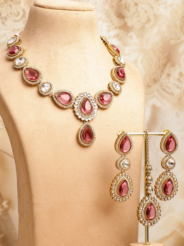Rubans 22K Gold-Plated Crystal Rose Pink & Cubic Zirconia Studded Statement Necklace Set (Copy) Jewellery Set