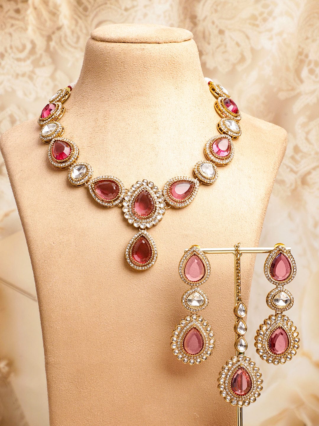 Rubans 22K Gold-Plated Crystal Rose Pink & Cubic Zirconia Studded Statement Necklace Set (Copy) Jewellery Set