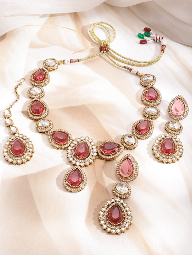 Rubans 22K Gold-Plated Crystal Rose Pink & Cubic Zirconia Studded Statement Necklace Set (Copy) Jewellery Set