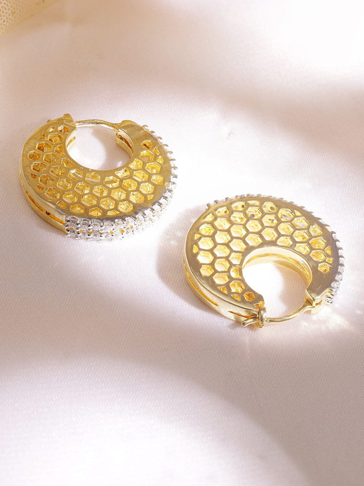 Rubans 22K Gold plated Crystal Round zirconia Hexagonal Textured Chic Demi - Fine Hoop Earrings Earrings
