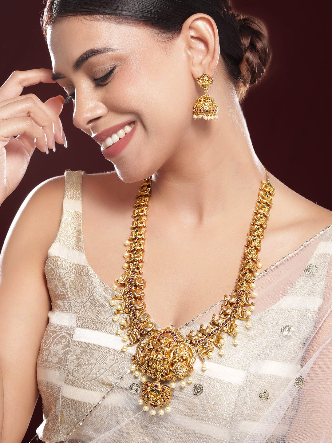 Rubans 22K Gold-Plated Cubic Zicronia Divin Lakshmi Temple Necklace Set Necklace Set