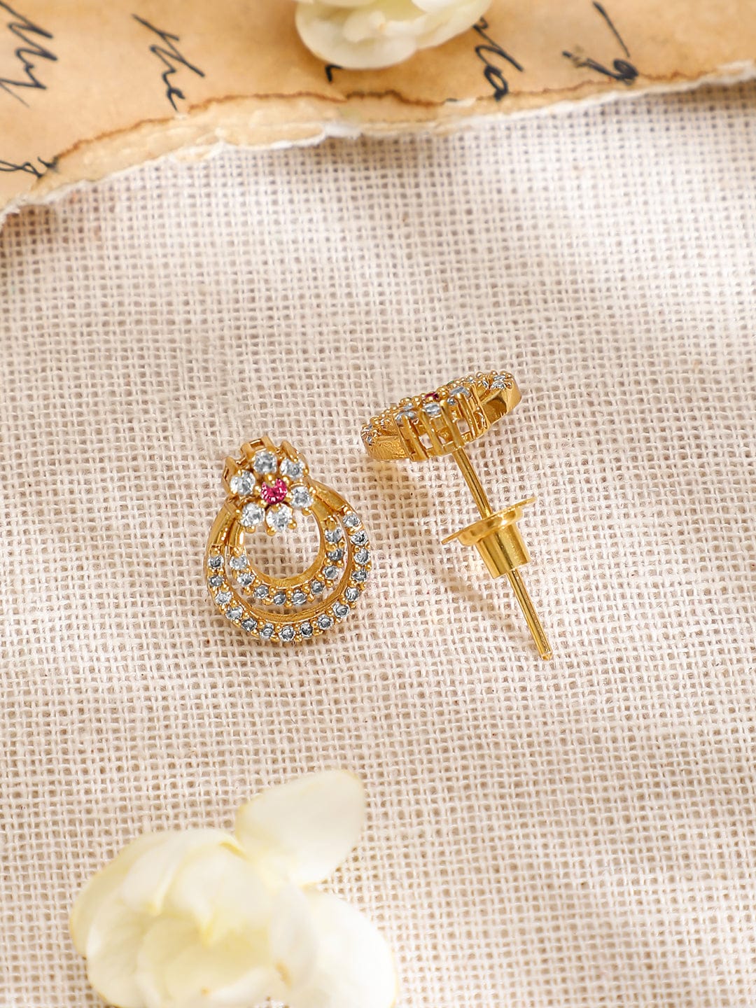 Rubans 22K Gold-Plated Cubic Zirconia & Pink Stone Studded Necklace with Matching Earrings Jewellery Set