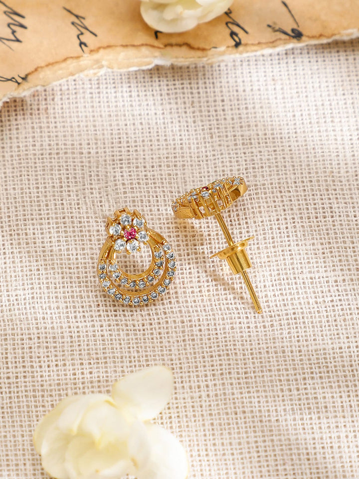 Rubans 22K Gold-Plated Cubic Zirconia & Pink Stone Studded Necklace with Matching Earrings Jewellery Set