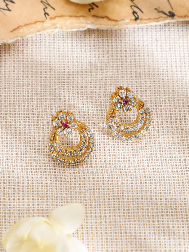 Rubans 22K Gold-Plated Cubic Zirconia & Pink Stone Studded Necklace with Matching Earrings Jewellery Set