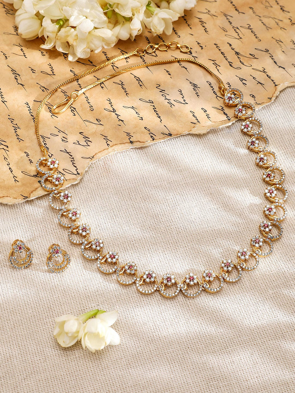 Rubans 22K Gold-Plated Cubic Zirconia & Pink Stone Studded Necklace with Matching Earrings Jewellery Set