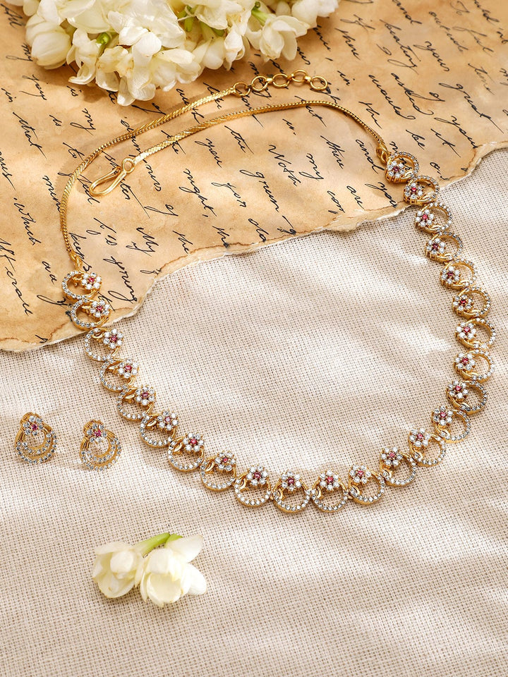 Rubans 22K Gold-Plated Cubic Zirconia & Pink Stone Studded Necklace with Matching Earrings Jewellery Set