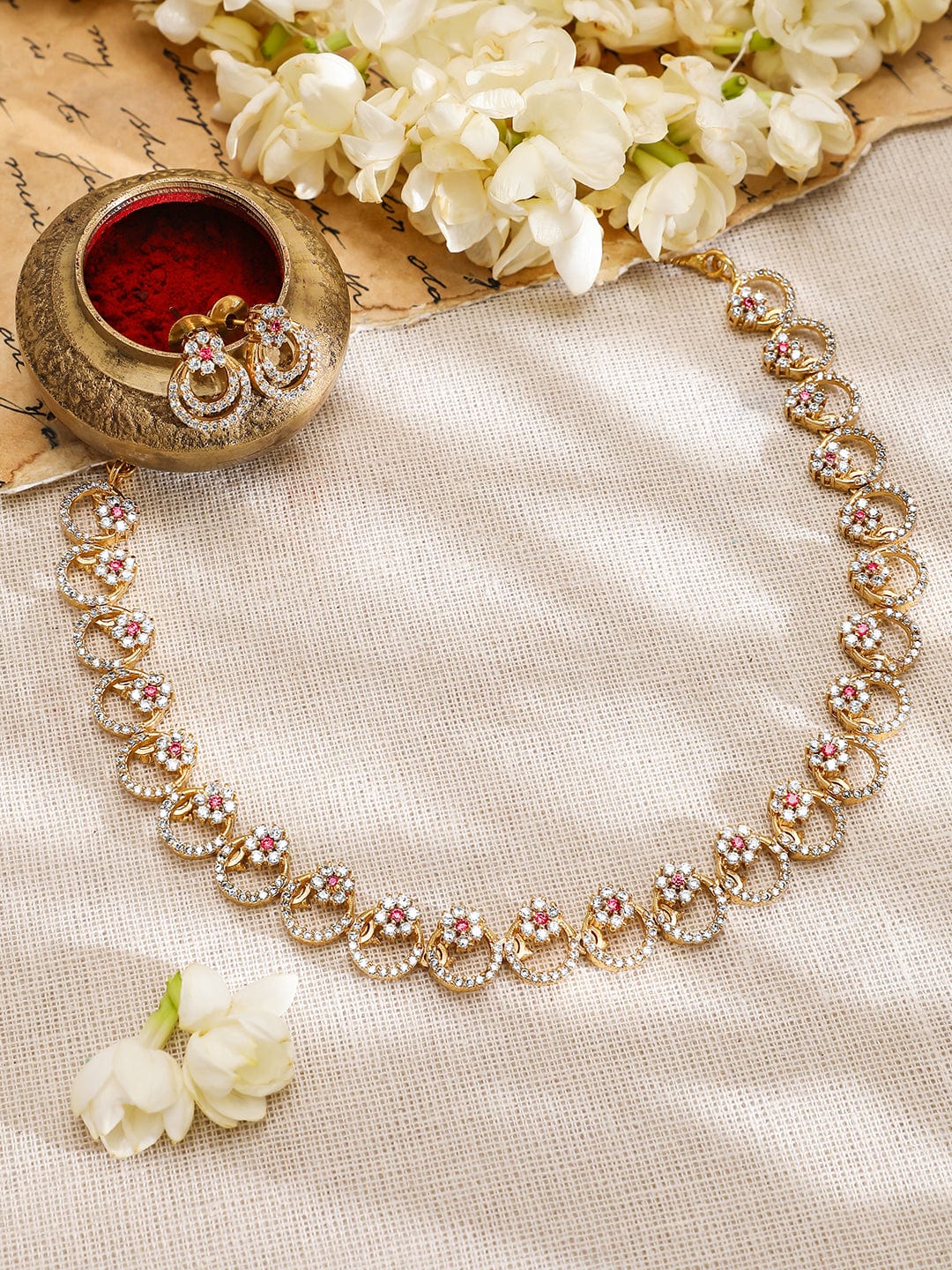 Rubans 22K Gold-Plated Cubic Zirconia & Pink Stone Studded Necklace with Matching Earrings Necklace Set