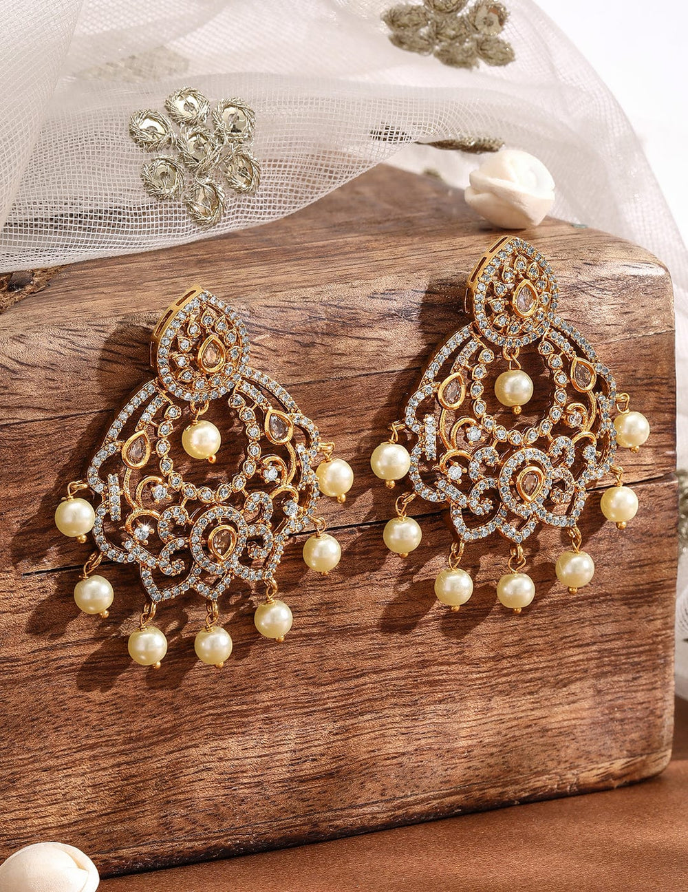 Rubans 22K Gold-Plated Cubic Zirconia Studded Chandelier Earrings With Pearl Drops Earrings