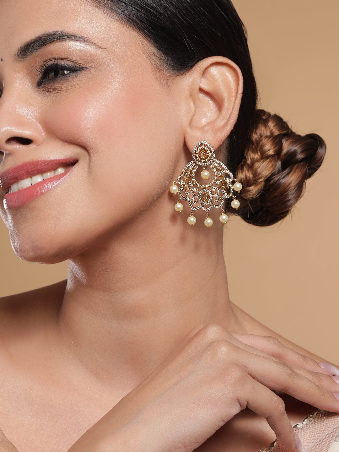 Rubans 22K Gold-Plated Cubic Zirconia Studded Chandelier Earrings With Pearl Drops Earrings